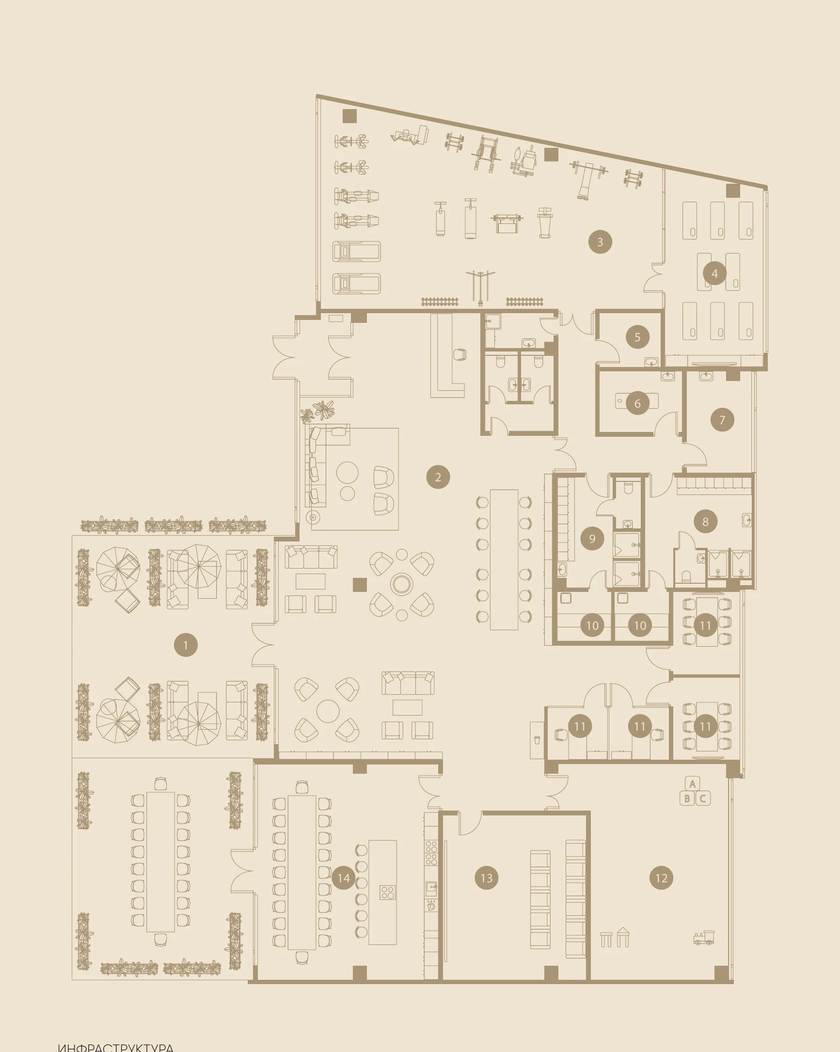 План клубной инфраструктуры 833 м² с номерами зон 1–14